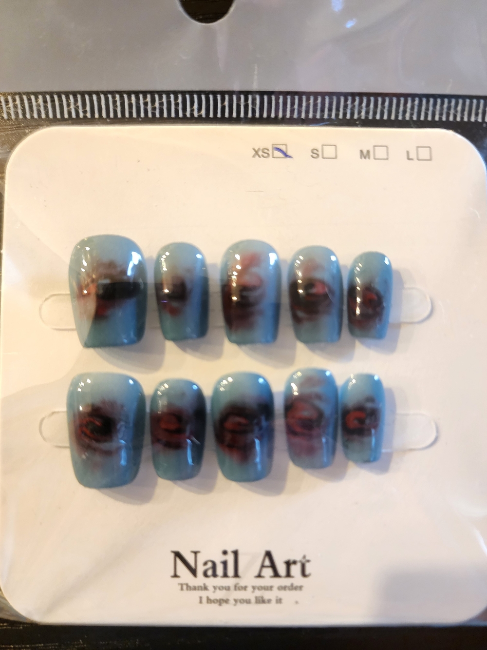Nail Art Press-On Set — Blue with Rose Accent - XS